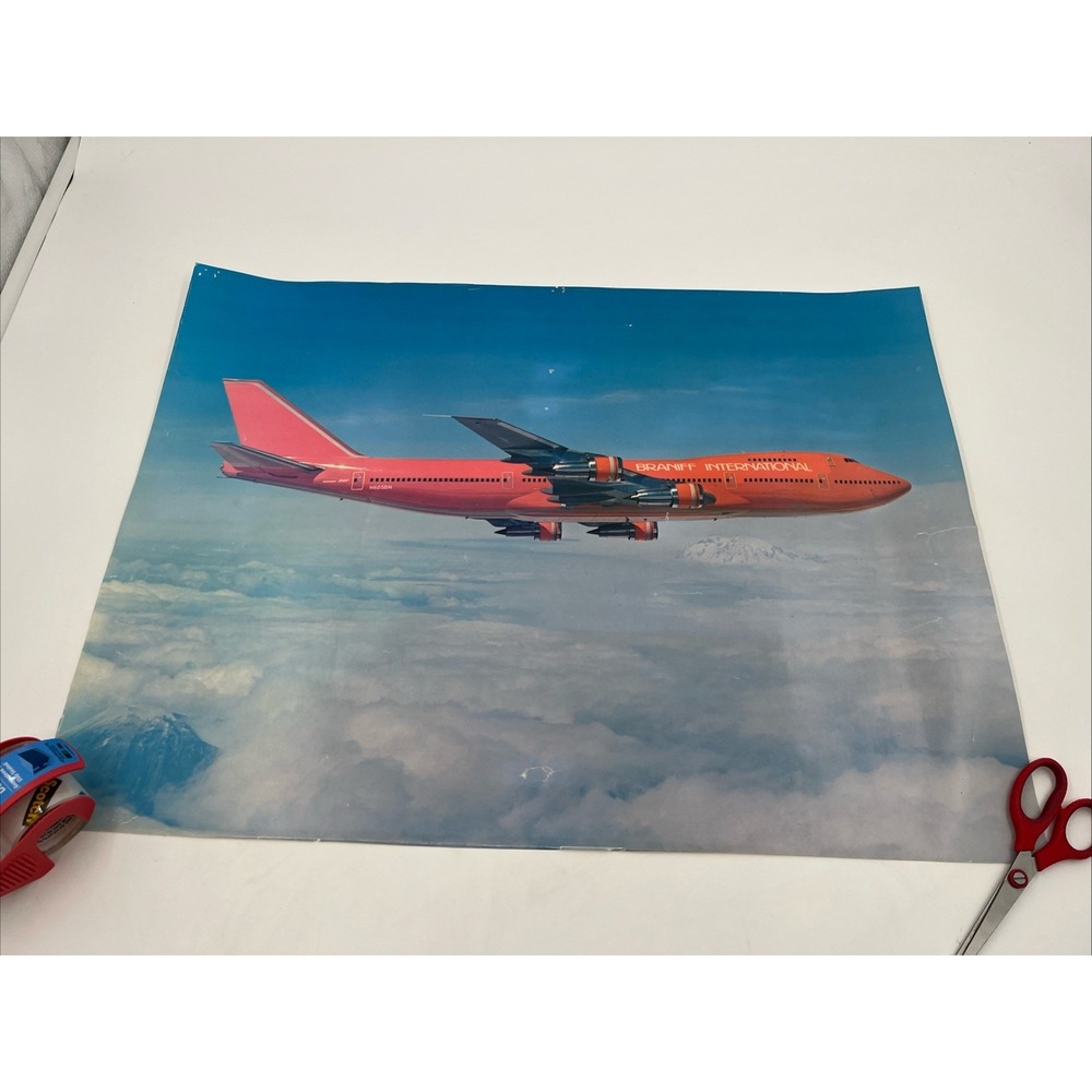 VTG Braniff Boeing 747 N605BN Orange Plane 18x24" Poster Flying Colors READ